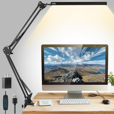 Lofter LED Desk Lamp with Clip Adjustable Swing Arm Desk Lamp, 3 Colors 10 Brightness Modes Eye Protection, with USB Adapter, for Home Office