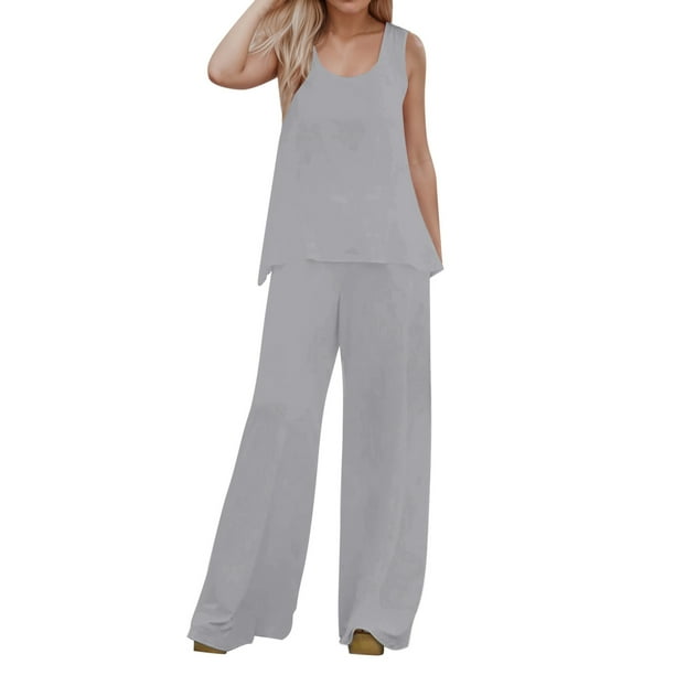 Conjunto de 2 piezas para mujer: chaleco sin mangas y pantalones anchos, estilo boho informal, color liso, mezcla de poliéster y spandex