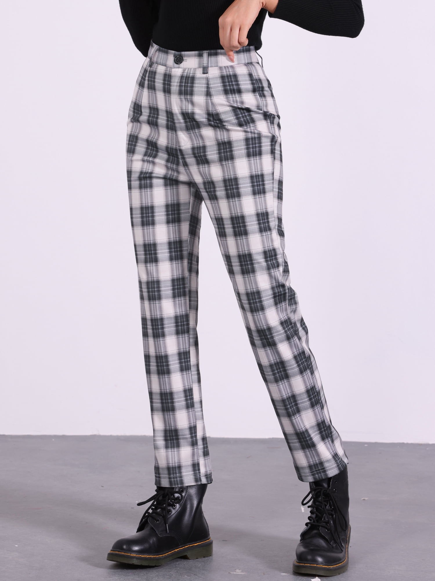 DARING DIVA Women's Plaid Trousers Button Tartan Check Work Pants M Black Beige