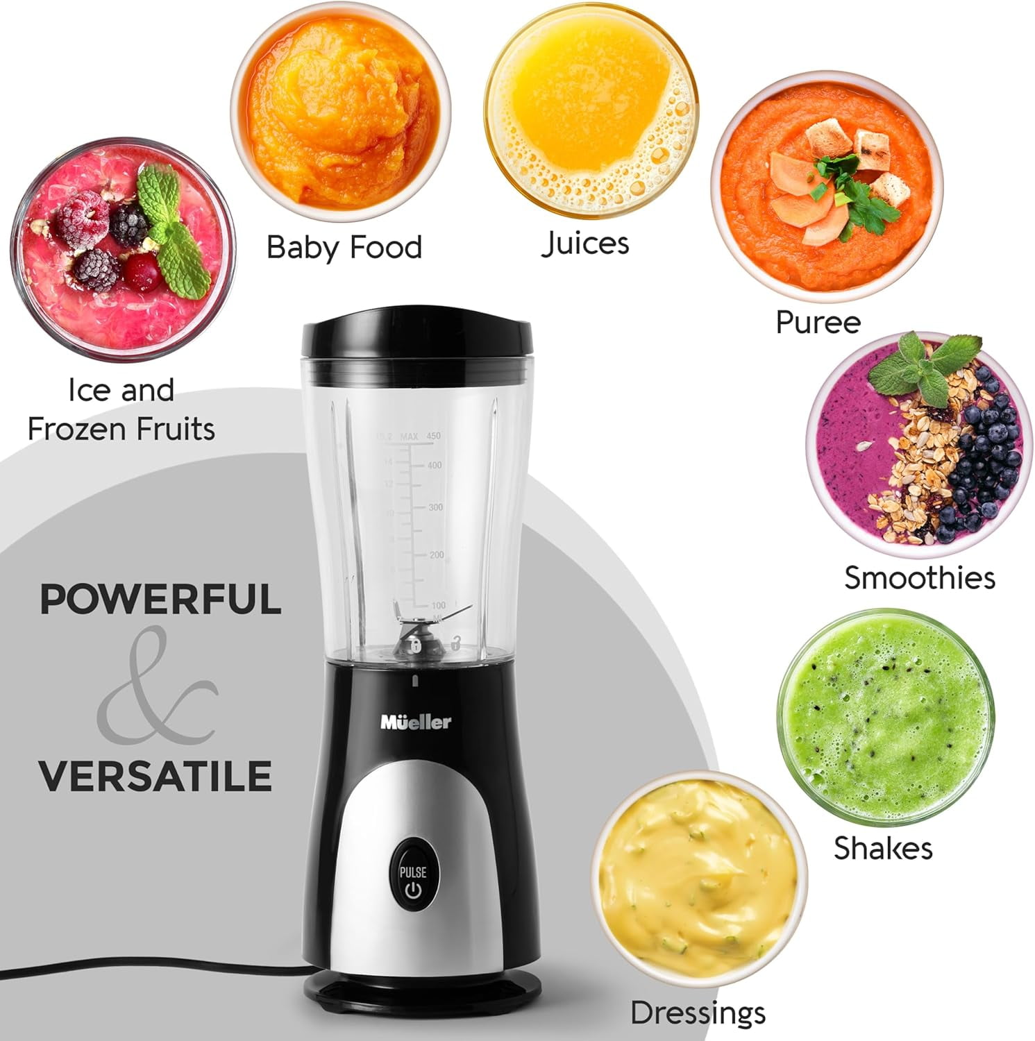 MÜELLERHOME Smoothie Blender – Personal Blender for Shakes, Frozen Drinks, Baby Food & More. 15oz Travel Cup, Lid, Durable Stainless Steel Blades, Powerful Motor, Black.