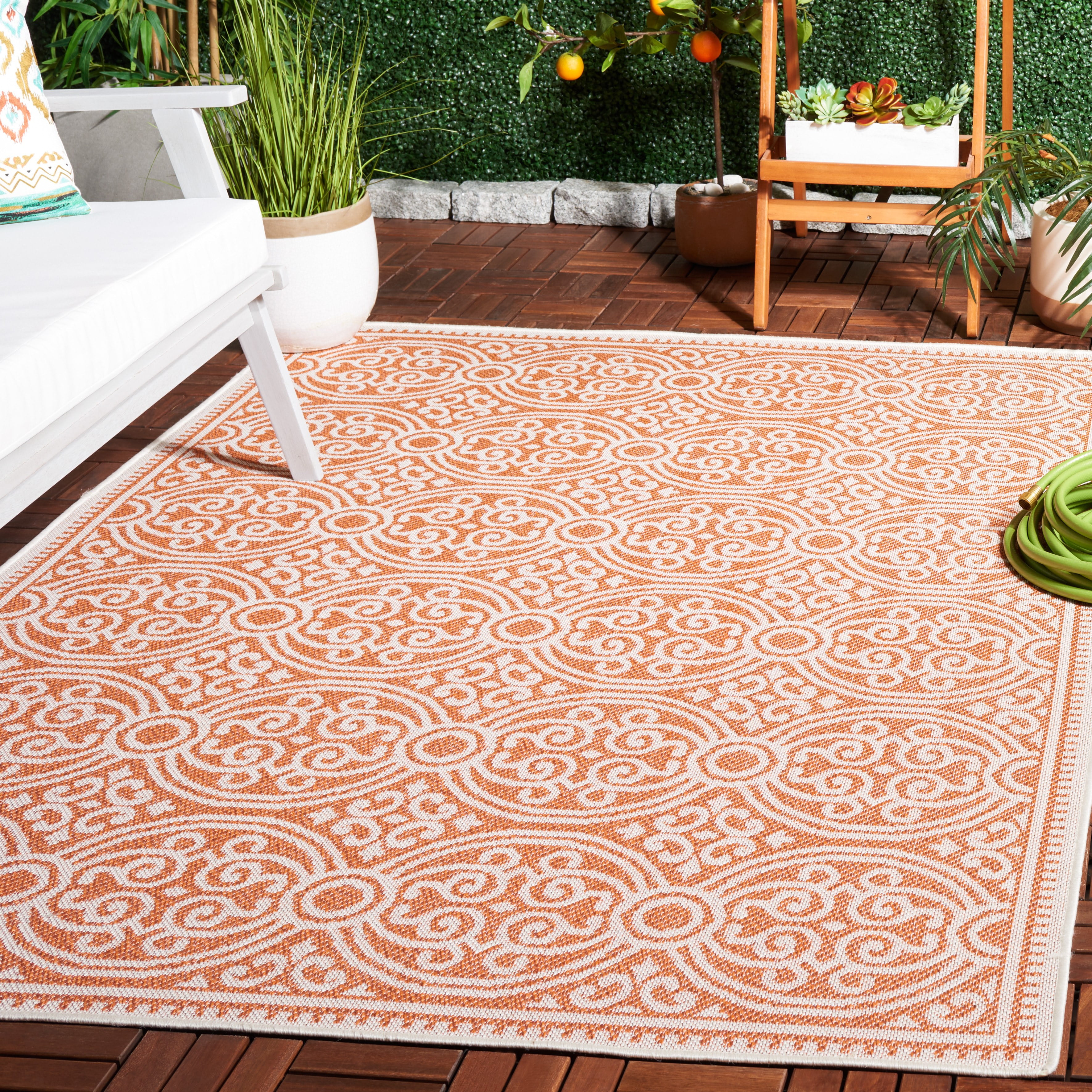 SAFAVIEH Machine Washable Rug Indoor/Outdoor Bermuda Collection - Bermuda Terrance Geometric Indoor/Outdoor Area Rug, Rust/Ivory, 6'7" x 6'7" Square