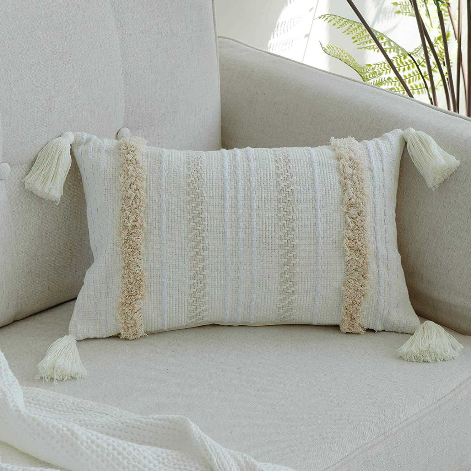 Deconovo Boho Decorative Tufted Throw Pillow Cover Cotton Linen Decorative Pill 