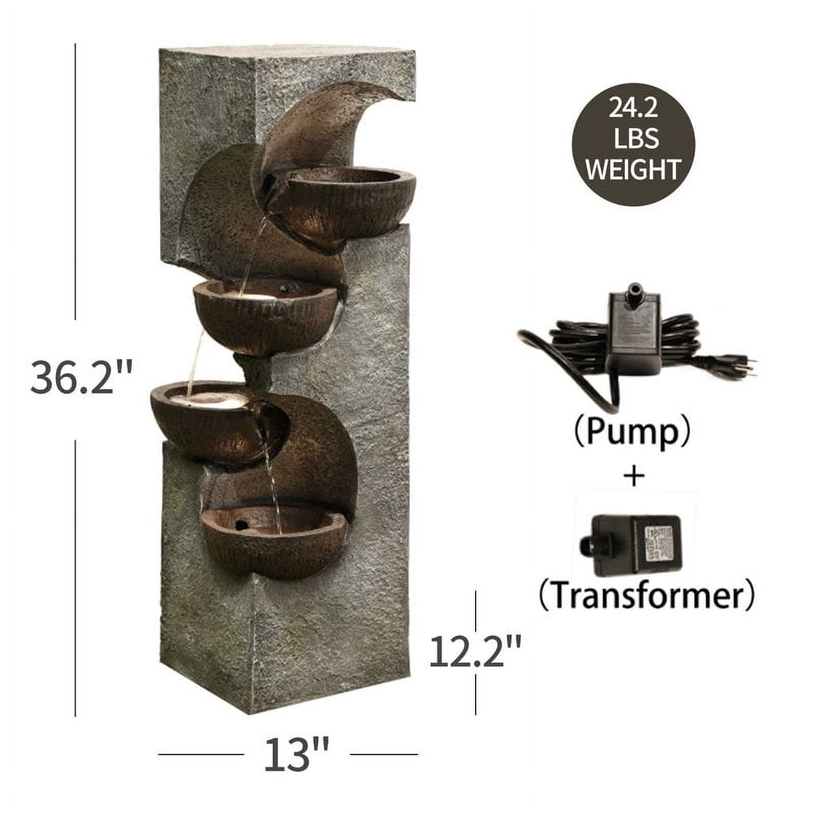 Water Fountain 4-Tier Outdoor Floor Standing Fountains and Waterfalls with LED Lights and Bowls for Garden, Living Room, Patio, Home Decor