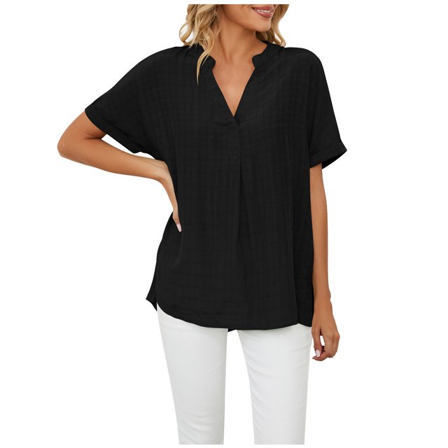 EQWLJWE Hauts à Col en V pour Femmes Mode Manches Courtes Rétro Col Rond Pâques Couleur Unie Hauts Amples Blouse Manches Été pour Femmes 2023