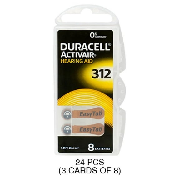 288 x Size 312 Duracell Easy Tab Hearing Aid Batteries (DA312)