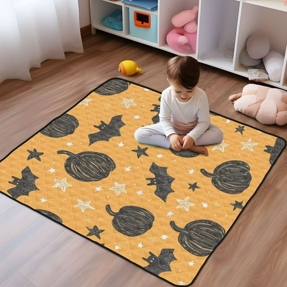 WOBOGO Black Pumpkins and Bats on An Orange Background Baby Playmats Extra Large Waterproof Rollable Activity Pads for Toddlers 50×50inch