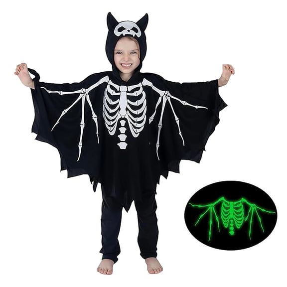 Girl Bat Skeleton Glow in Dark Long Sleeve Hooded Romper Jumpsuit Unisex Girls Halloween Outfit Party Dress up Clothes Size 4-10 Years