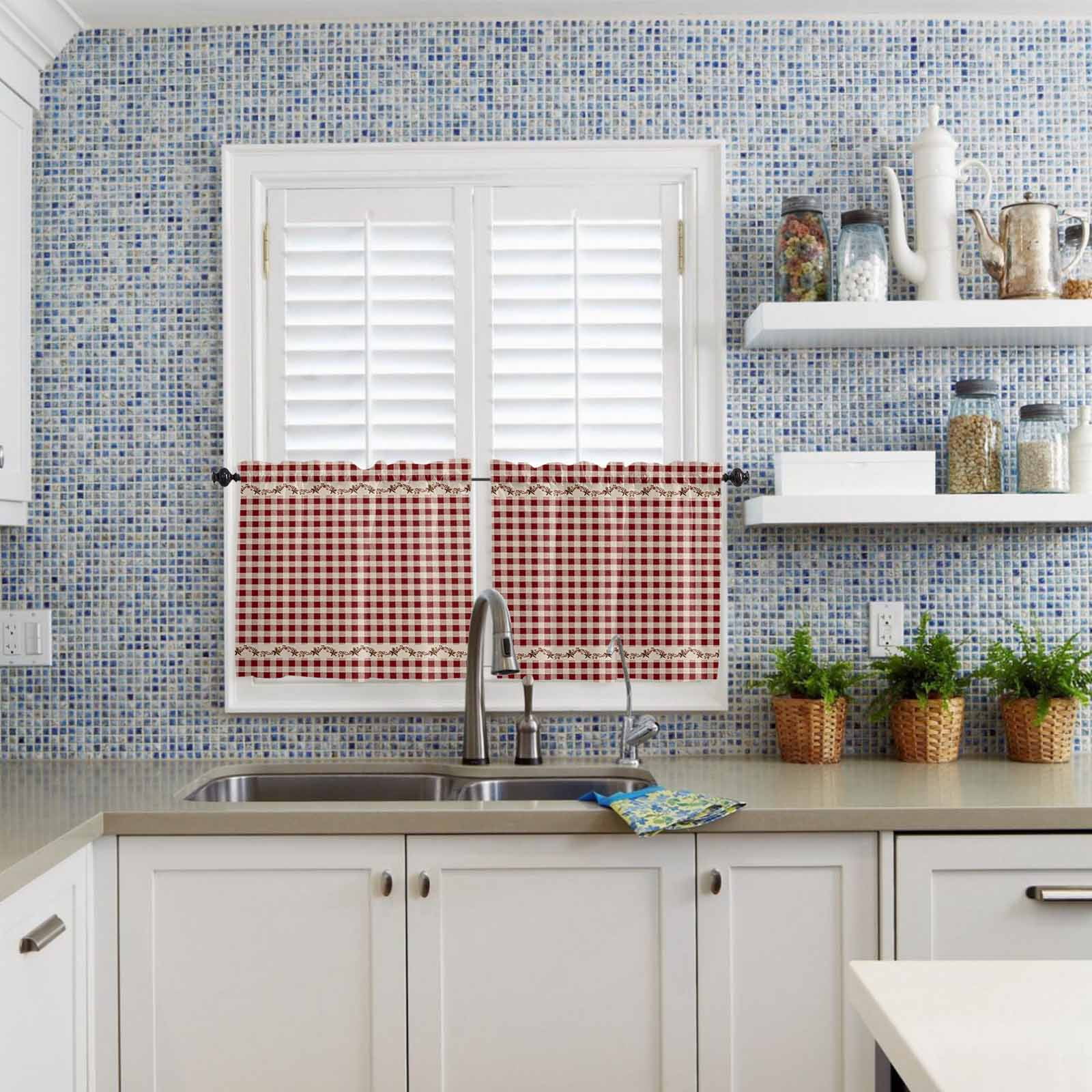Country Red Buffalo Plaid Kitchen Curtains Valance and Tier Set Retro Star Berries Vine Linen Texture Short Curtains for Small Window 3 Pieces Set for Bedroom Bathroom Cafe (54" x 18"+27" x 36")