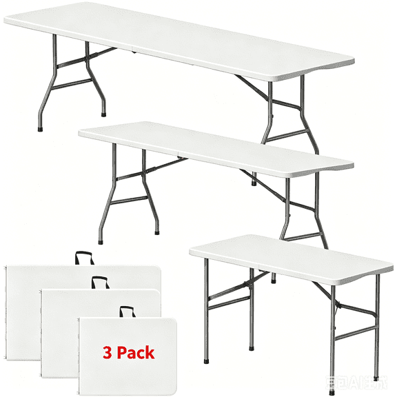 NiamVelo 3 Pack Folding Tables 6ft Folding Table Portable Plastic Indoor Outdoor Camping Dining Table with Carrying Handle, (3 Pack, White）