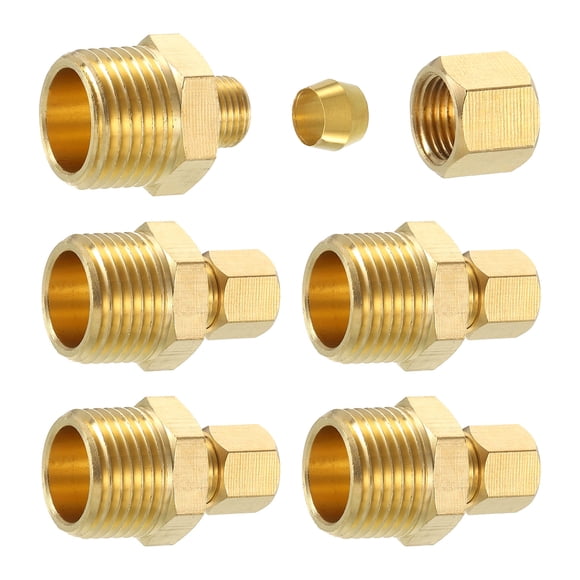 5Pack Brass Pipe Fitting, 1/4" OD x 1/2" NPT Male Brass Compression Tube Fitting, Brass Compression Union Connector, Brass Straight Coupling Adapter Fitting Fit 1/4" Pipe