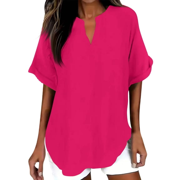 T Shirts for Women V Neck Short Sleeve Loose Blouses Casual Solid Color Summer Tunic Tops, L