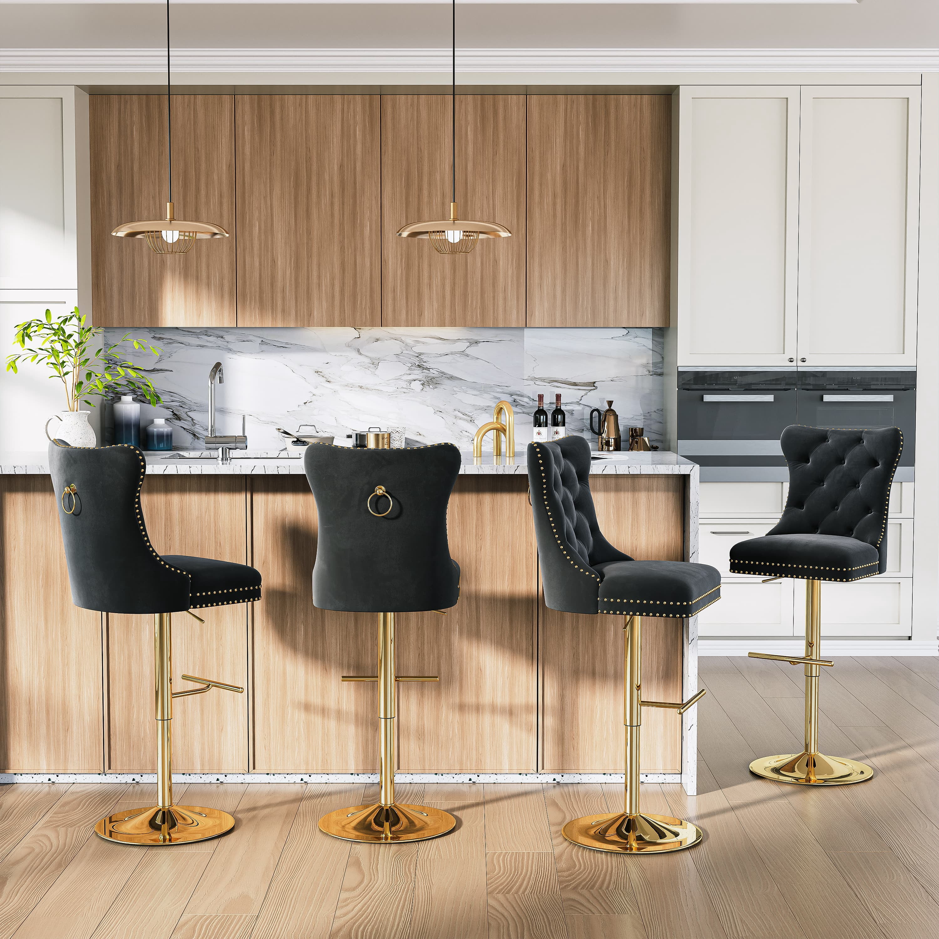 Modern Velvet Bar Stools Set of 2 Adjustable Swivel Counter Height Chairs with Upholstered Back and Nailhead Trim for Home Pub Kitchen Island