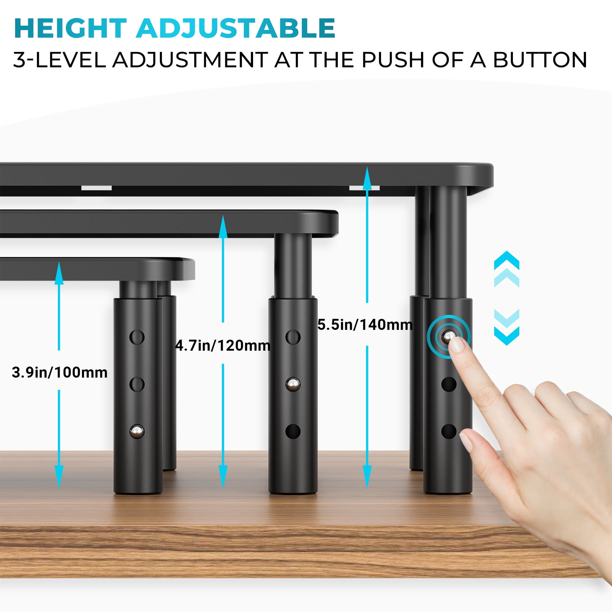BONTEC Monitor Stand 2 Pack Height Adjustable Metal Riser with Pen Holder, Black, 14.5” x 9.1”, Ergonomic Desktop Stand for Computer, Printer, Laptop, Adjustable Desk Riser with Cable Management
