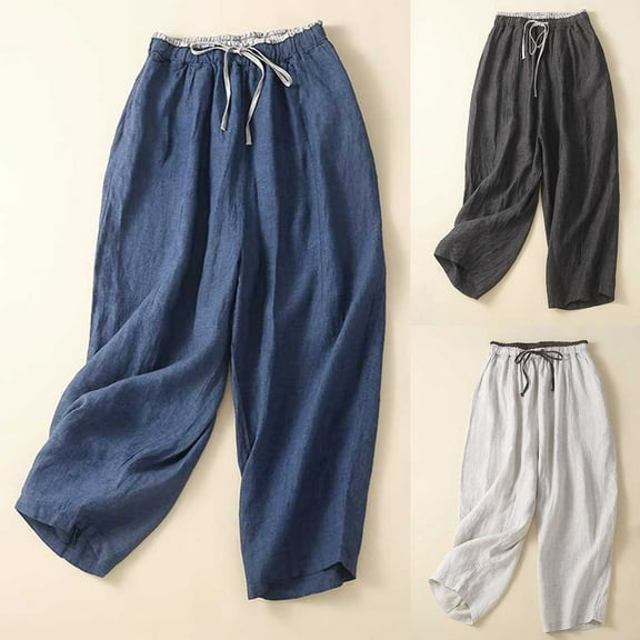 Dazajoo Capri Pants for Women Casual Summer Cotton Linen Cropped Pants with Pockets 2024 Womens Solid Color Drawstring Capris Pants Lightweight Elastic Waist Pants,Black,L