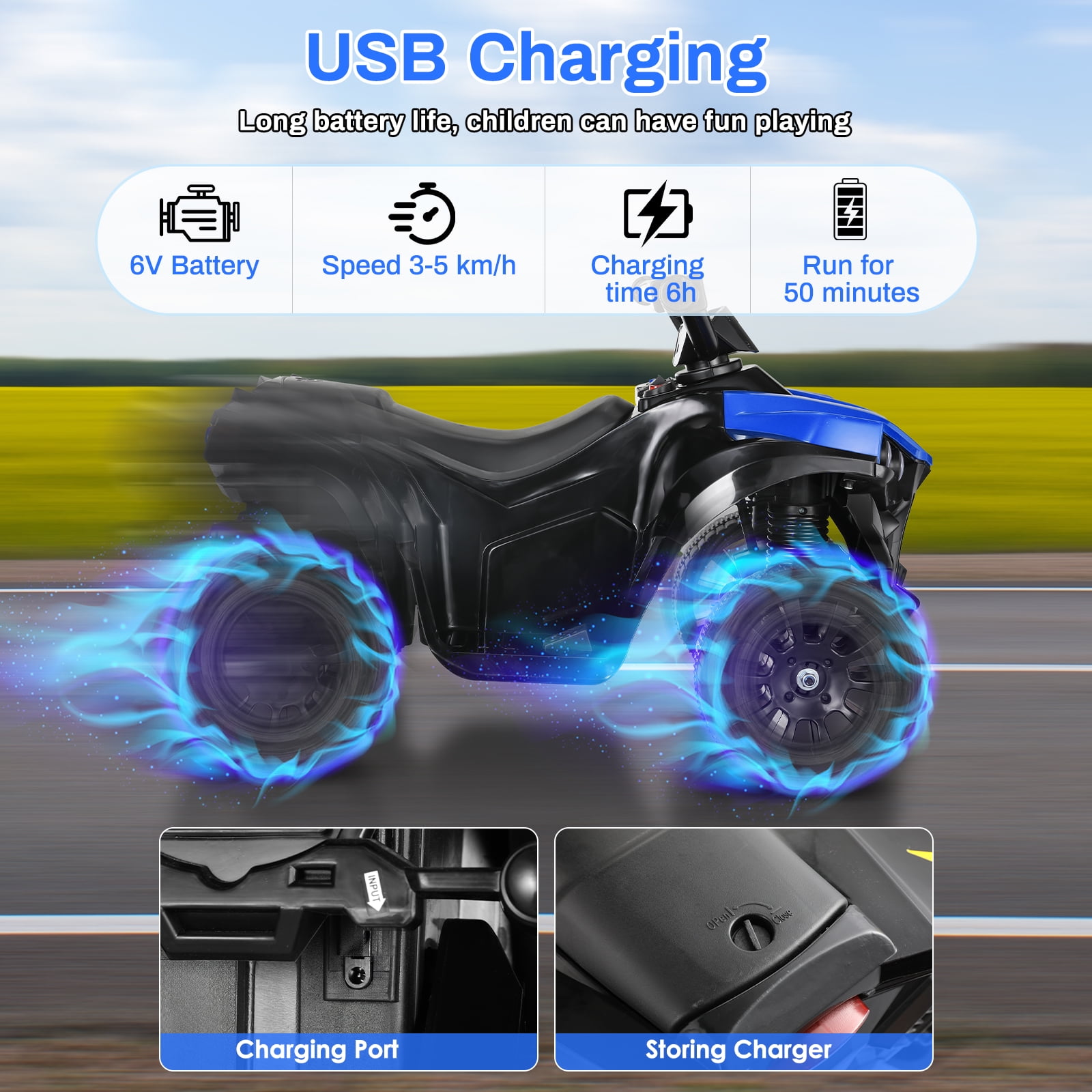 LAZY BUDDY 6V Powered Ride-on Toy for Kids, Toddler 4-Wheeler Quad ATV Play Car with 1.8mph Max Speed, for 2-4 Years Boys Girls