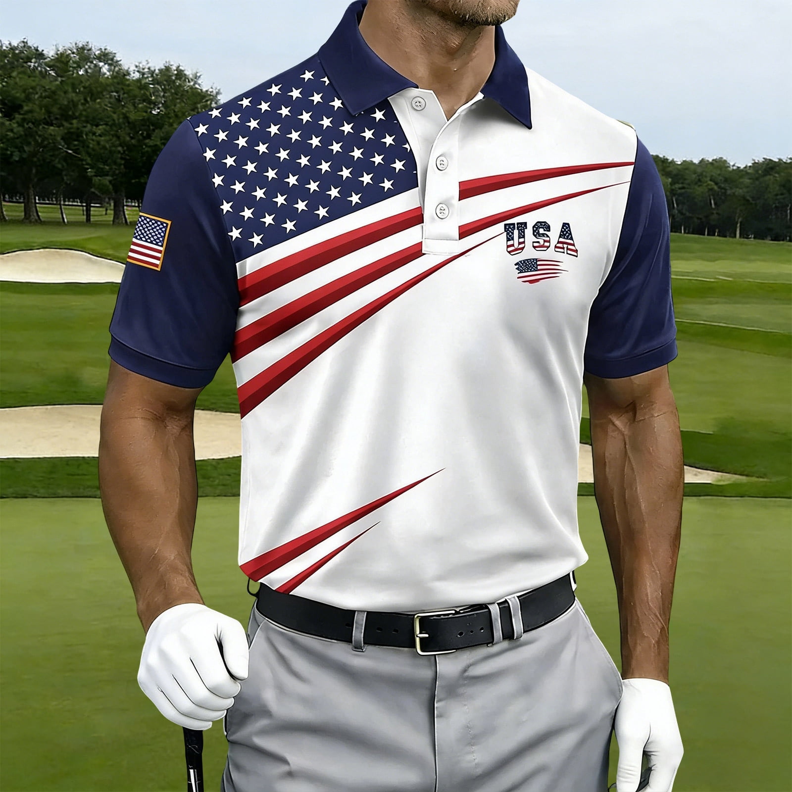 TQWQT Men's American Flag Golf Polo Shirt Short Sleeve Patriotic Performance Polo Quick Dry 4th of July Golf Shirt Independence Day USA Flag Casual Tops Blue XL