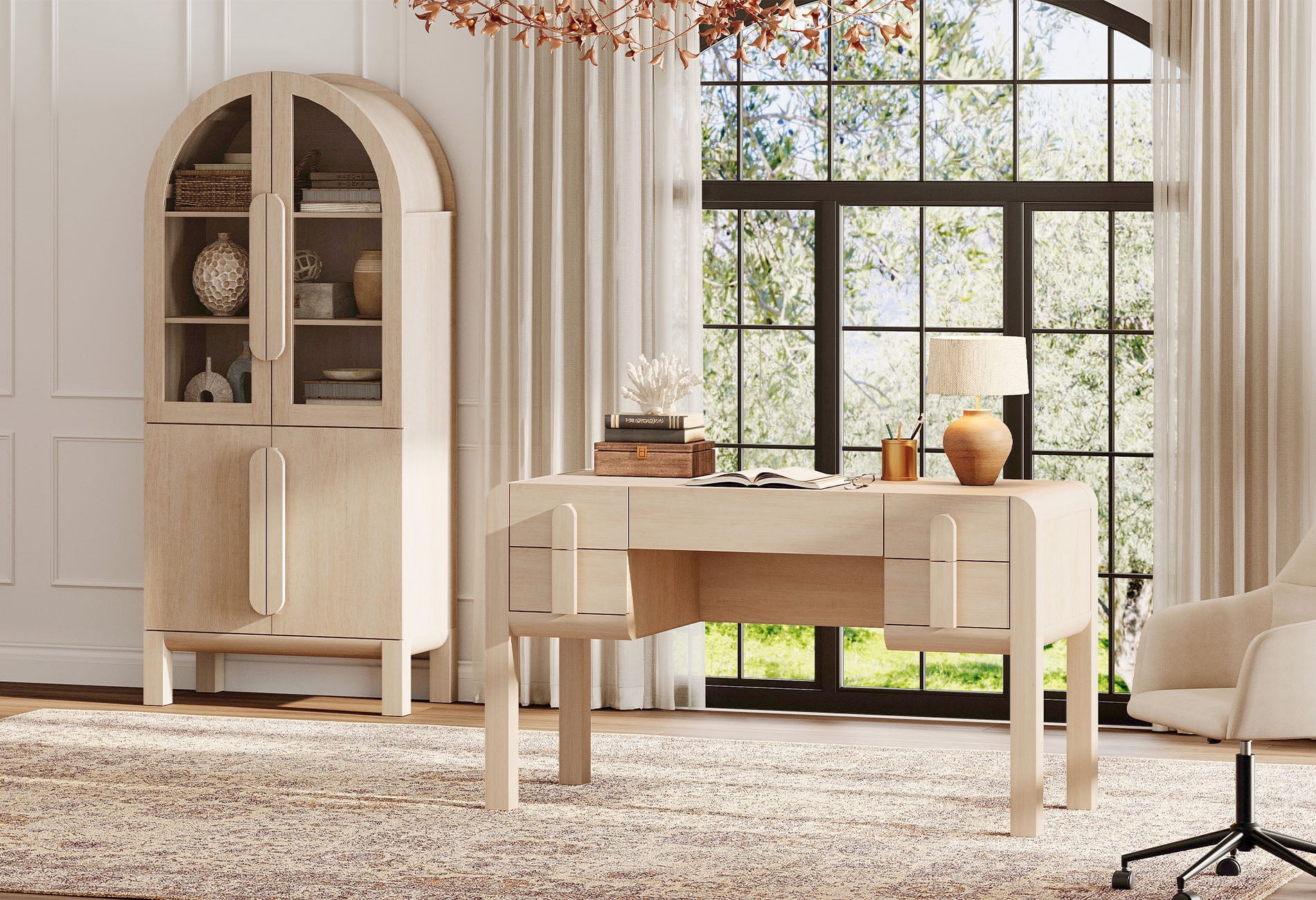 2 Piece Office Set, 53.5" Modern Executive Desk with Charging Station and Drawers & 71"H Tall 5-Tier Arched Bookcases with Glass Door for Living Room, Bedroom, Home Office