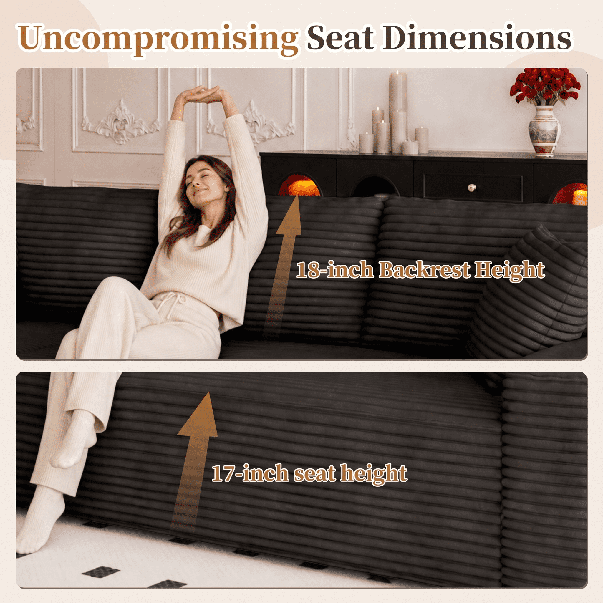 Lunale 105" Modular L-Shaped Sectional Sofa, Boneless Cloud Couch, No Assembly Required, Modern Deep Seat Corduroy Sofa for Living Room, Black (Right Facing Chaise)