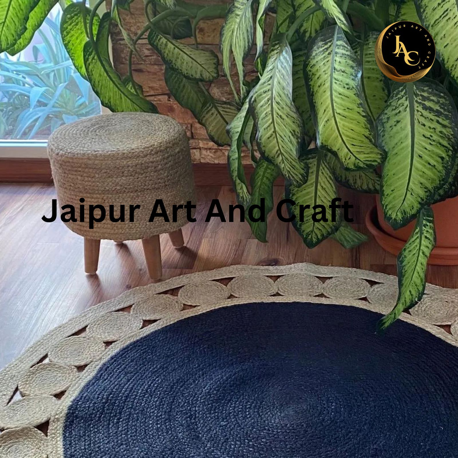 Jaipur Art And Craft Handmade Area Carpet Round Braided Natural Unbleached Jute Rug Blue and White (6x6 Sq Ft)