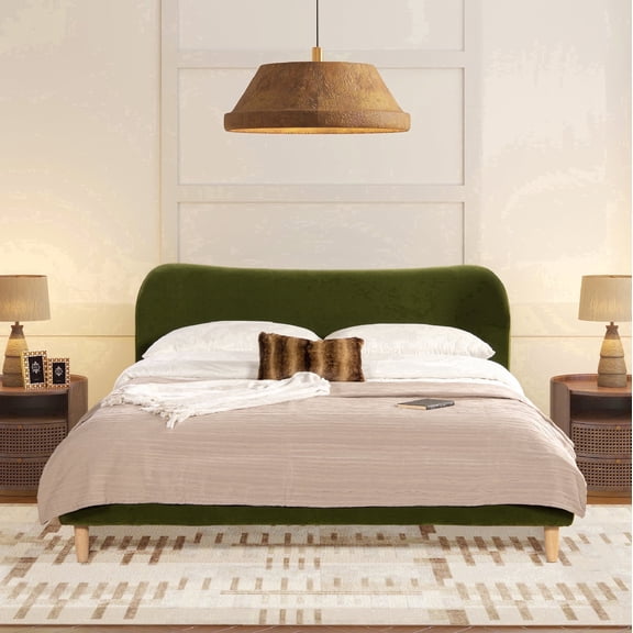 Roman Curved Headboard Upholstered Platform Bed King Olive Green