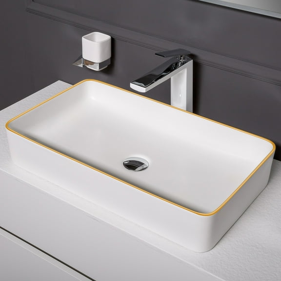 Bathroom Sink Rectangular 24"x 14"Bathroom Wash Basin With Gold Rim Design Art Basin Vanity Sink
