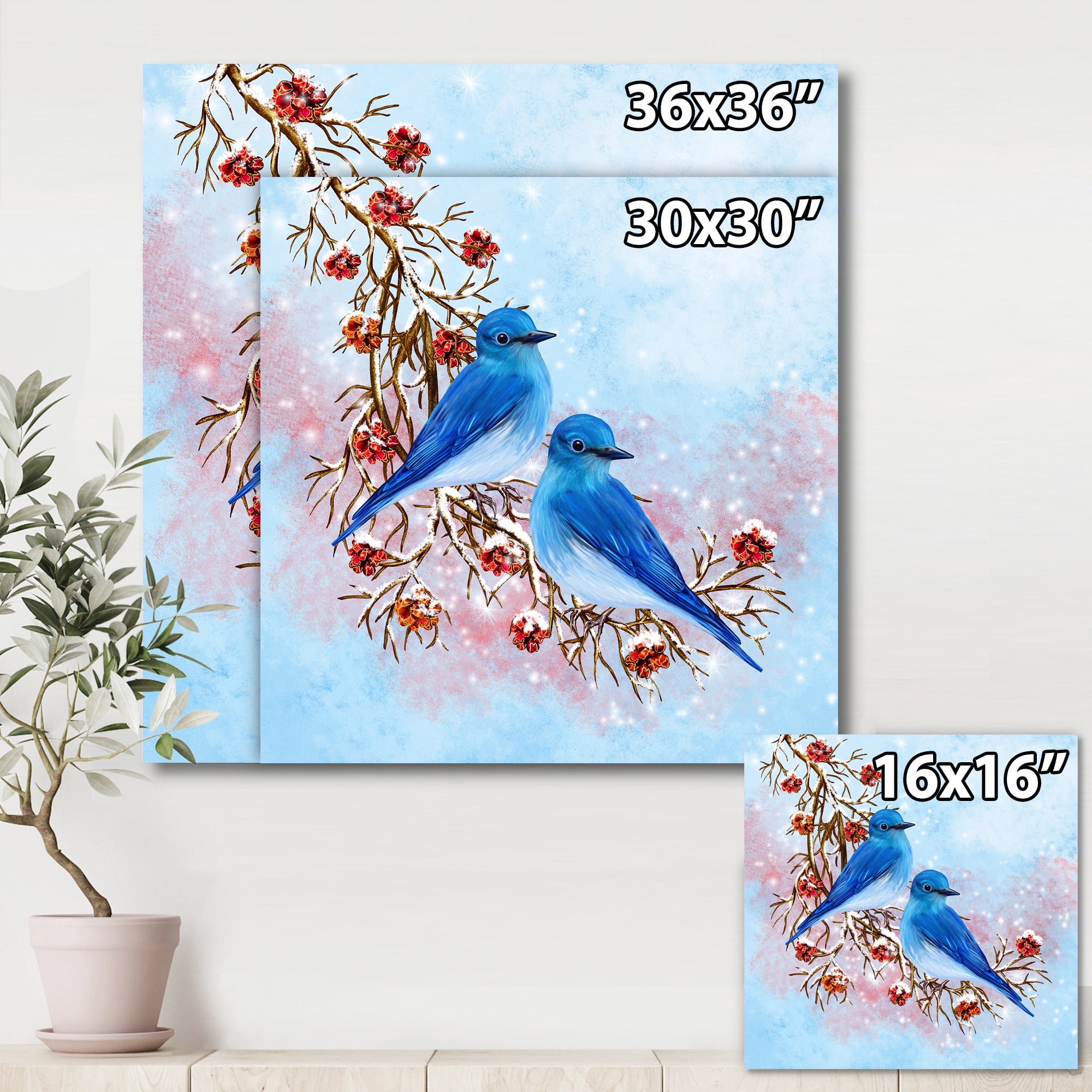 Designart ' Two Blue Birds Sitting On A Branch With Berries In Winter ' Traditional Canvas Wall Art Print