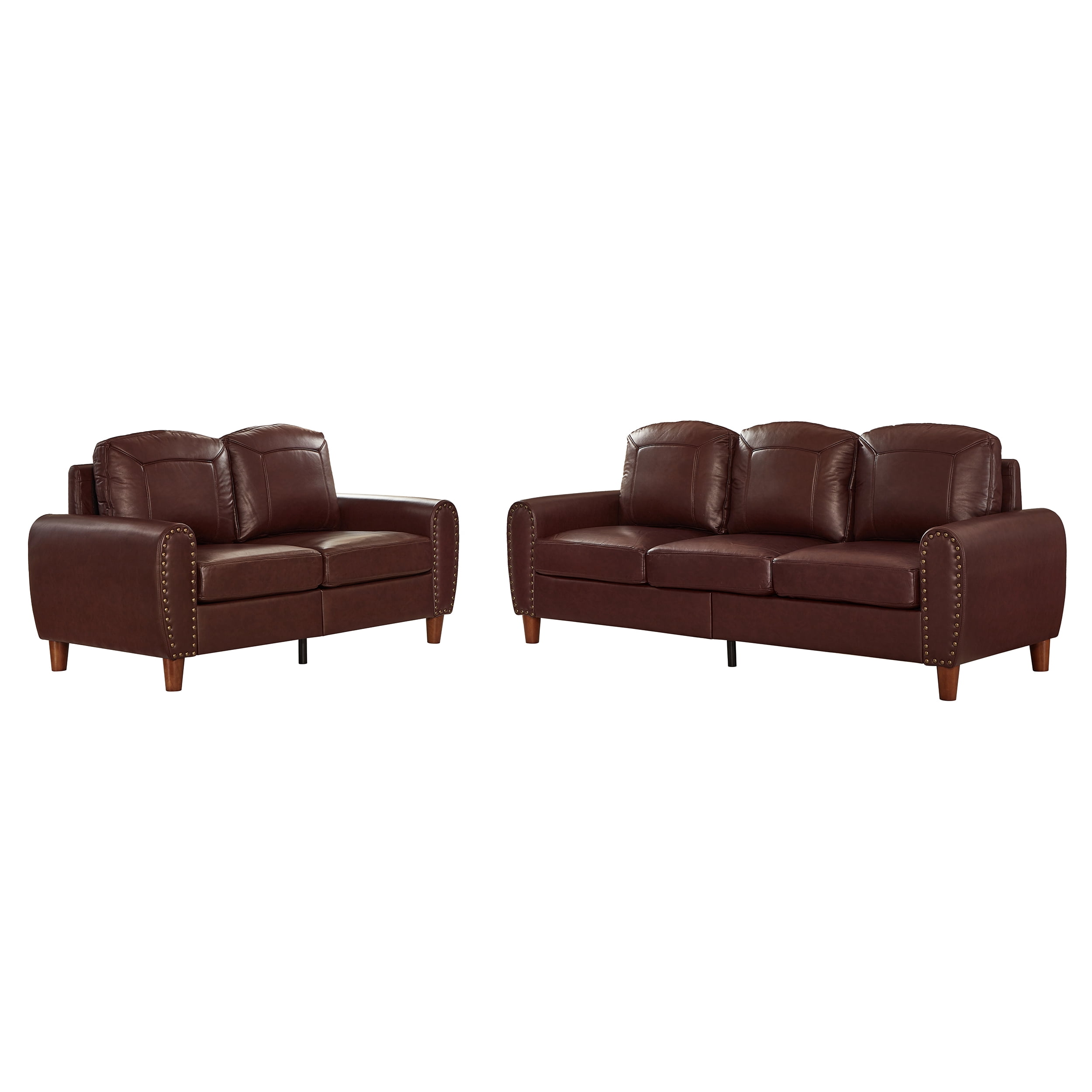 2-Piece Faux Leather Sofa Set,Classic Rolled Arm Loveseat & 3-Seater Sofa Couch with Brass Nailhead Trim & Solid Wood Legs,Apartment,Living Room,Burgundy