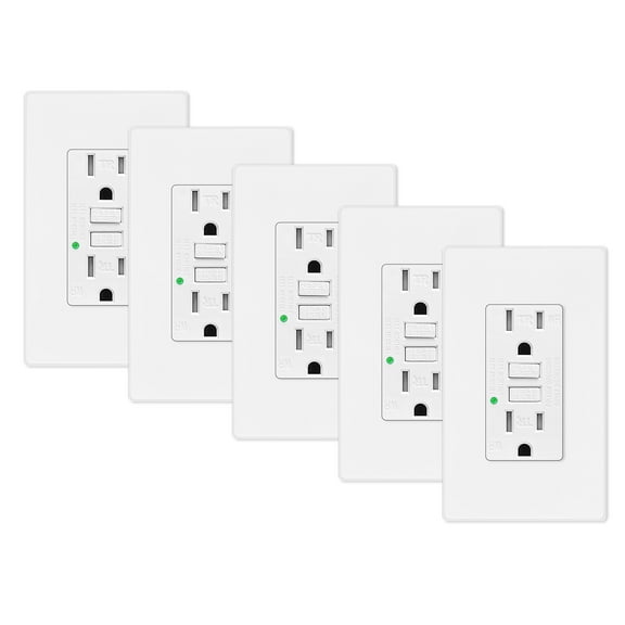 GREENCYCLE 5PK 15A / 125V Tamper Resistant Weather Resistant GFCI Outlets with LED Indicator Decorative Wall Plates Screws Included Residential and Commercial Grade ETL Certified White