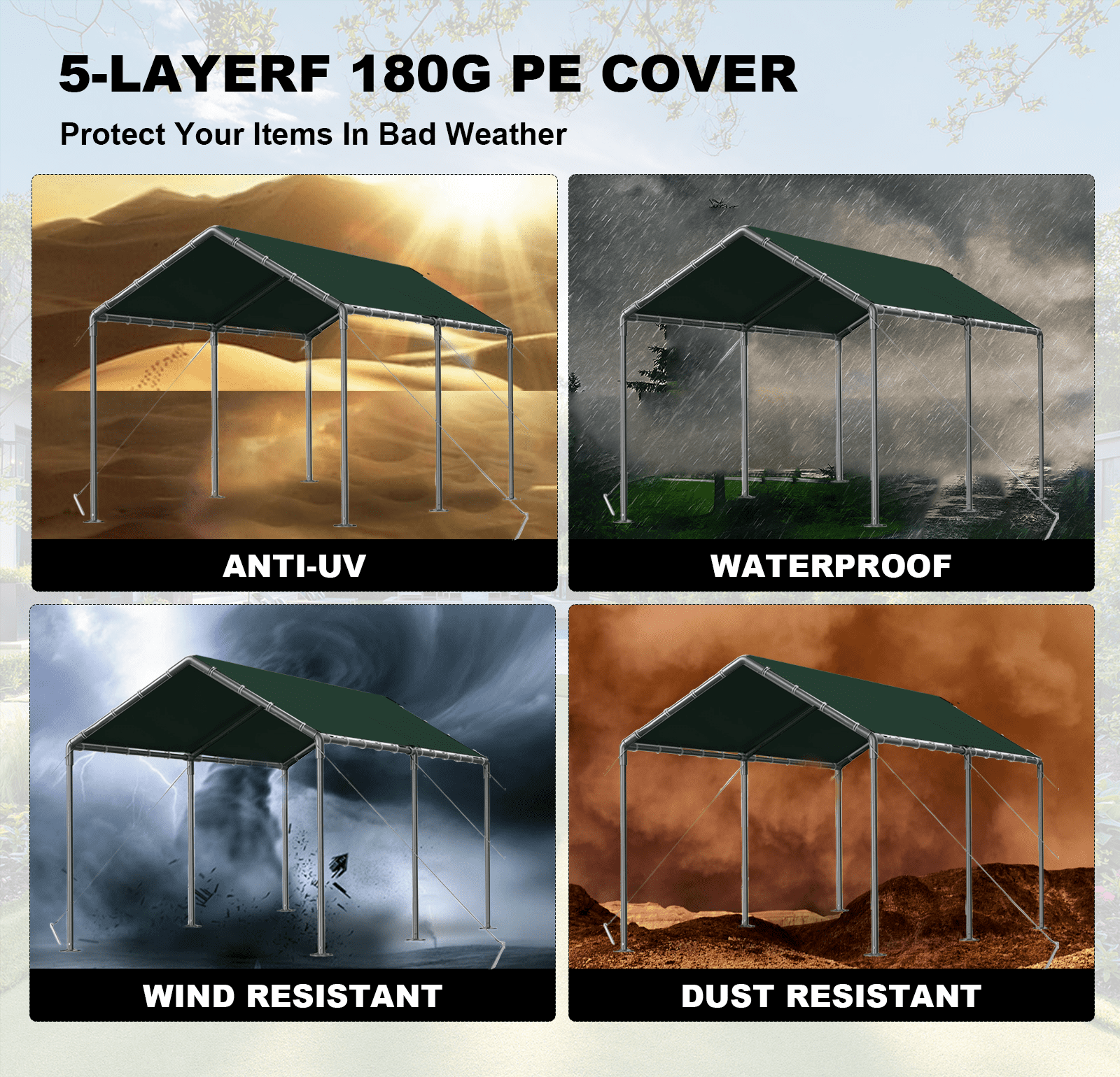 Gaildon Carport 10 x 20Ft Upgraded Heavy Duty Carport with Steel Wire Rope Portable Garage for Truck Boat Car Canopy with All-Season Tarp (Green)