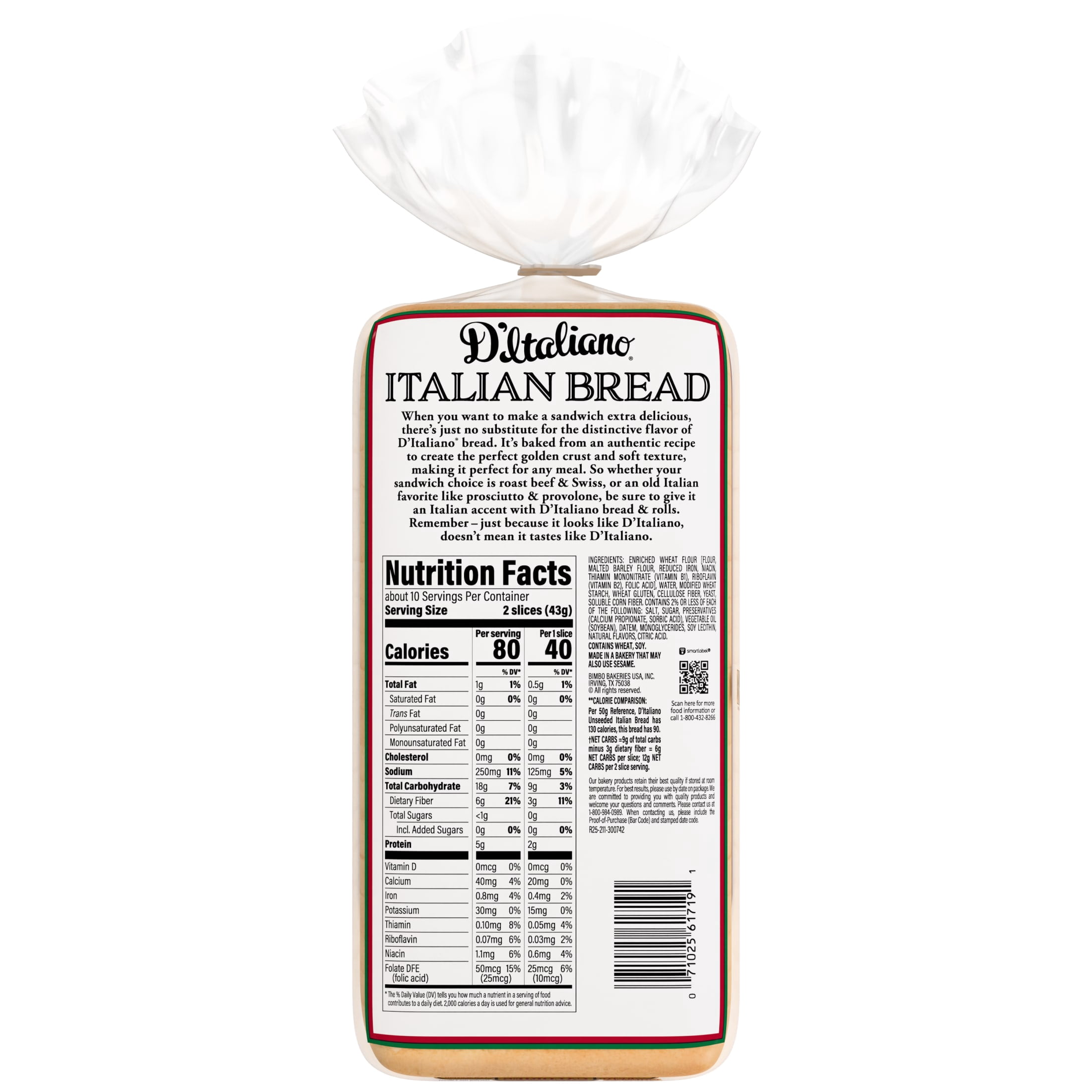 D'Italiano Reduced Calorie Italian Bread, 16 oz, White Italian Bread, Bag