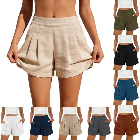 Bloomae Women Summer Wide Leg Linen Shorts High Waisted Casual Pleated Bermuda Short Pants Lightweight Workwear Shorts with Pockets Blue XL