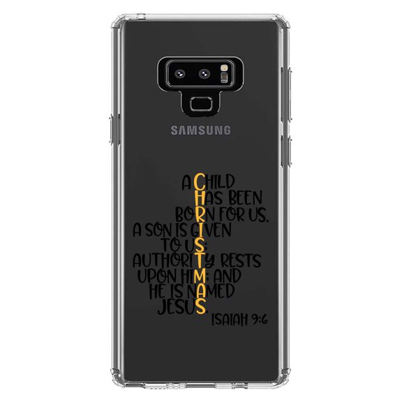DistinctInk Clear Shockproof Hybrid Case for Samsung Galaxy Note 9 - TPU Bumper Acrylic Back Tempered Glass Screen Protector - Christmas - Isaiah 9:6 - Black Yellow