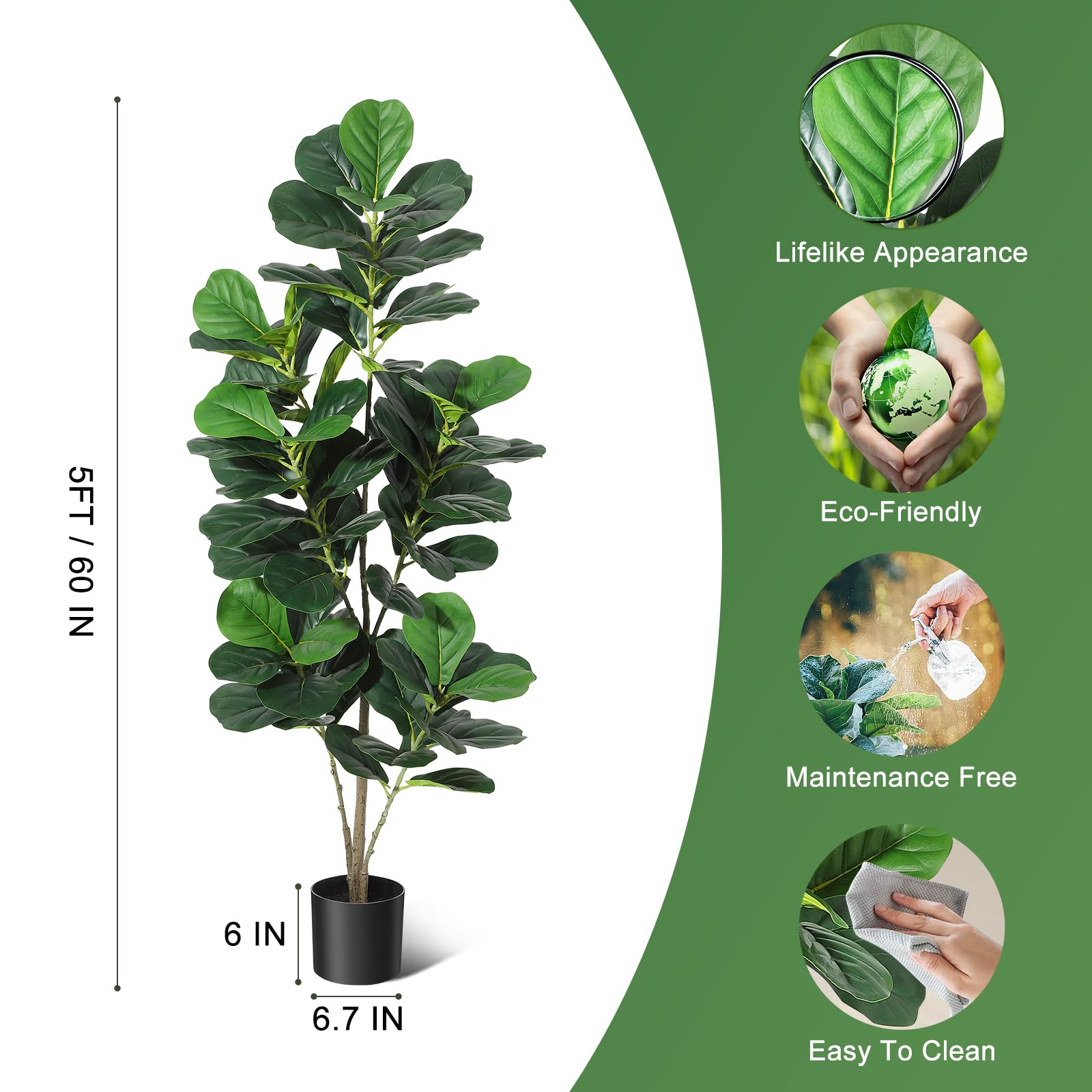 5FT Fiddle Leaf Fig Artificial Tree with Black Planter Pot,Faux Floor Plant, Indoor and Outdoor Fake Plants for Home Office Decor