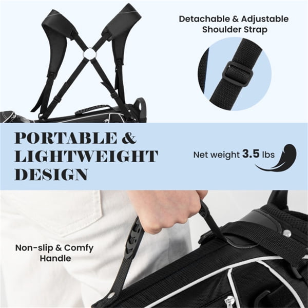Black Golf Stand Bag 3-Way Dividers Polyester Lightweight with 4 Zipper Pockets for Travel