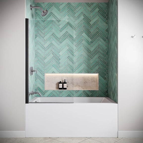 Salinello 32" x 55" Frameless Pivot Fixed Bathtub Panel with CrystalTech Treated 1/4" Tempered, Clear Glass, Matte Black Hardware, SKU: DSD-3428-227-BL