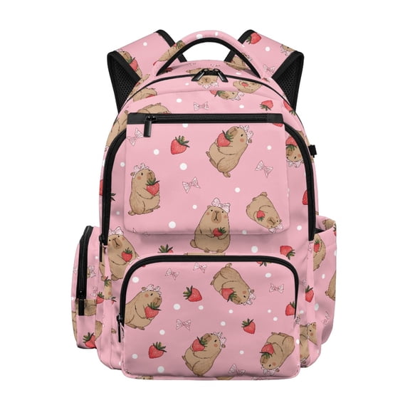 Chririnla Capybara Strawberry School Bag with Large Capacity, 17 Inch Durable Water Resistant Backpack for Kids Daily School Use