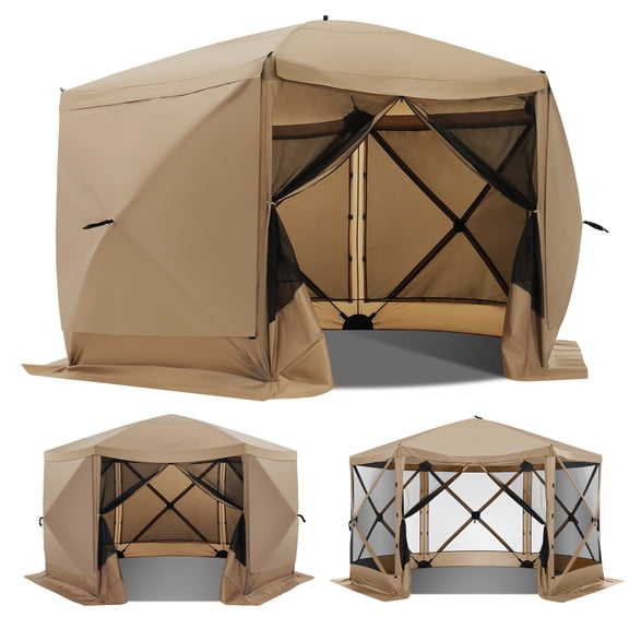 HOTEEL 12x12 Pop-up Gazebo EZ Set-up Camping Canopy Tent with 6 Mosquito Nettings, Sidewalls, Wind Panels for Shade and Rain for Lawn, Garden, Backyard & Deck, Khaki