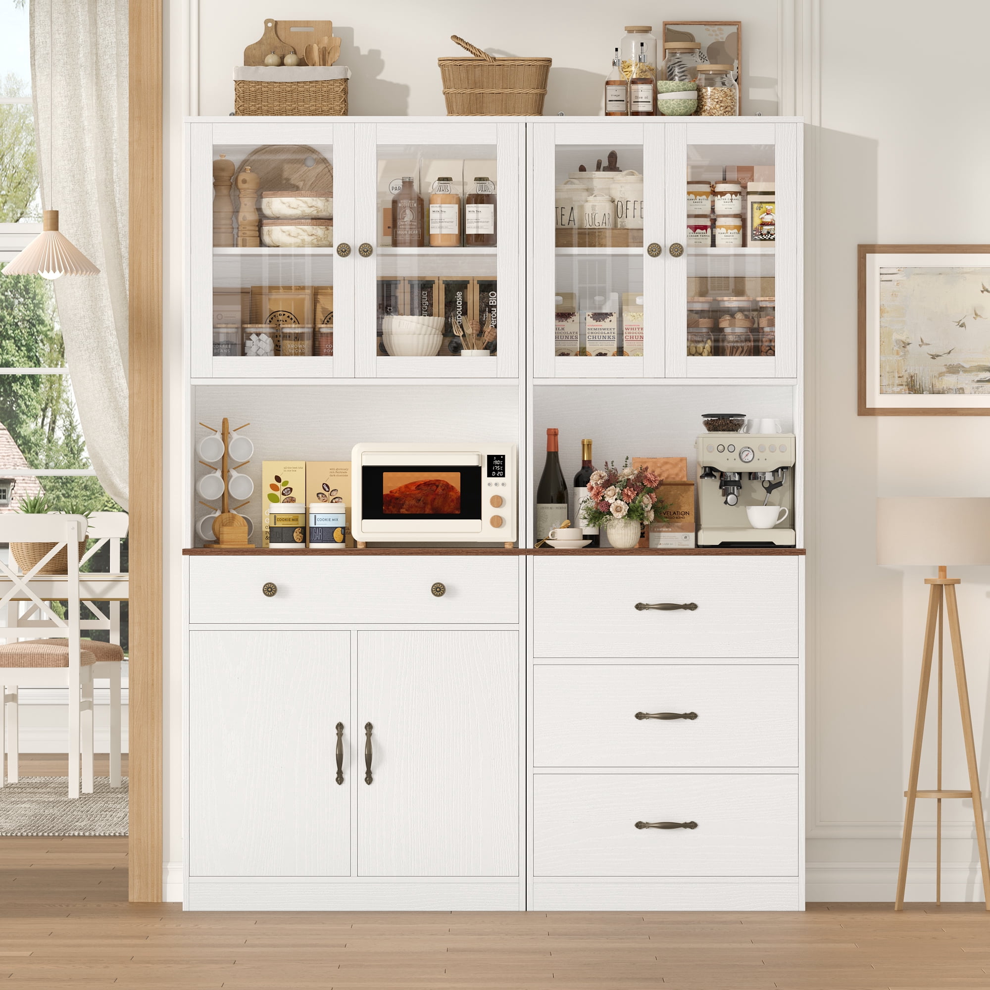Homfa 71'' Kitchen Pantry Cabinet with Microwave Shelf & Drawer, 4 Doors Pantry Storage Cabinet with Adjustable Shelves for Dining Room, White