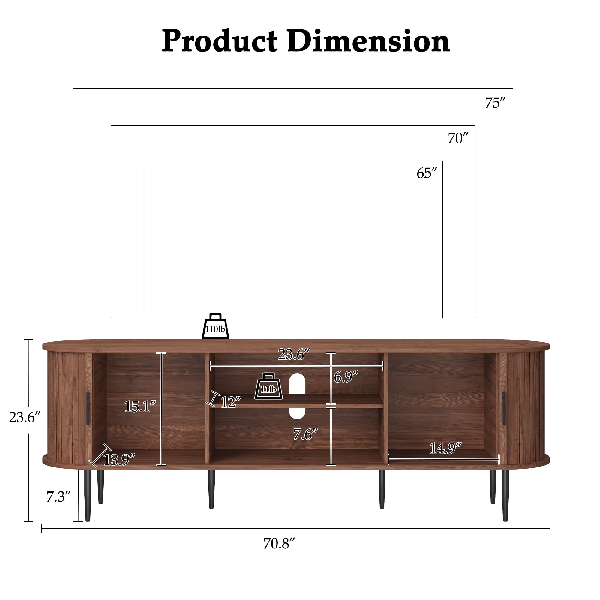 HLR 70" Mid Century TV Stand with Tambour Door for TVs up to 80", Entertainment Center with Storage, Brown