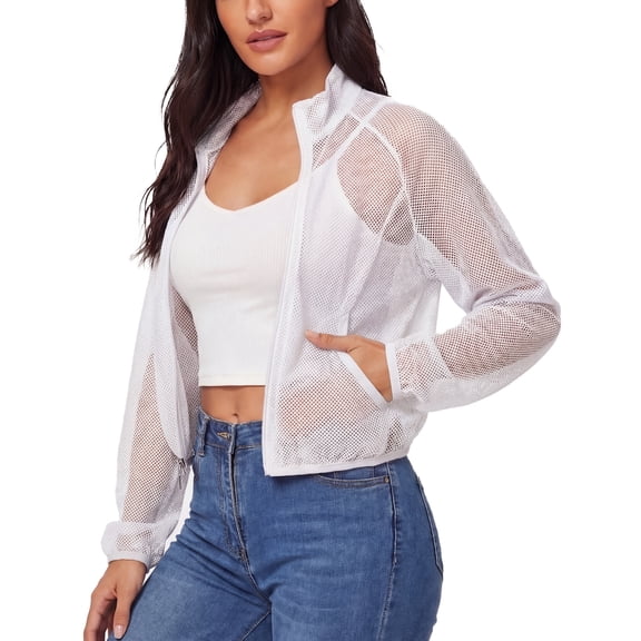 FEOYA Lightweight Bomber Jacket Women Mesh Ladies Summer Sheer Cropped Long Sleeve Jacket Zipper Up With Pocket L White