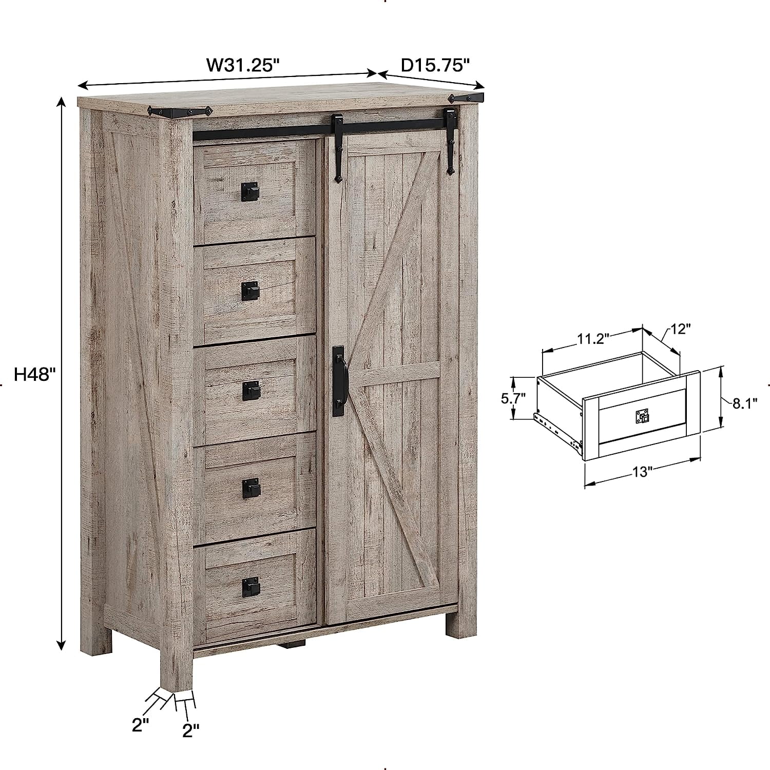 OKD Modern Farmhouse 5-Drawer Dresser with Barn Door, Adjustable Storage Cabinet for Bedroom Living Room, Light Rustic Oak