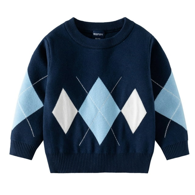 MIASHUI Pull pour Enfants Garçons Filles Hiver à Carreaux Manches Longues Tricoté Chaud, Marine, 2-3 Ans