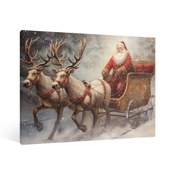Vintage Christmas Snowscape Deer and Santa Claus Wall Art Paint Framed - Retro Xmas Festive Winter Holiday Christmas Wall Decor Canvas Print for Living Room Kitchen Bathroom Home Bedroom Decor