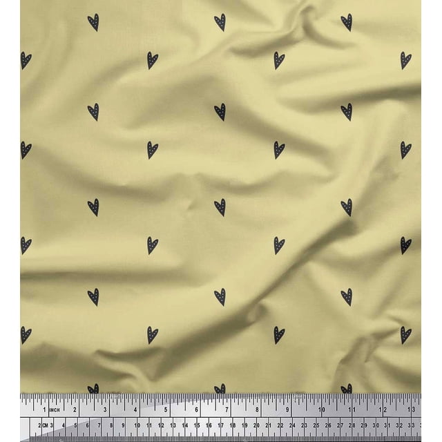 Soimoi Beige Poly Georgette Fabric Black Heart Print Fabric by Yard 42 Inch Wide