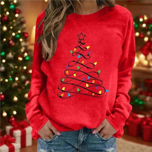Ounisa Women's Casual Crew Neck Sweatshirt Loose Soft Long Sleeve Christmas Tree Graphic Pullover Christmas Tops
