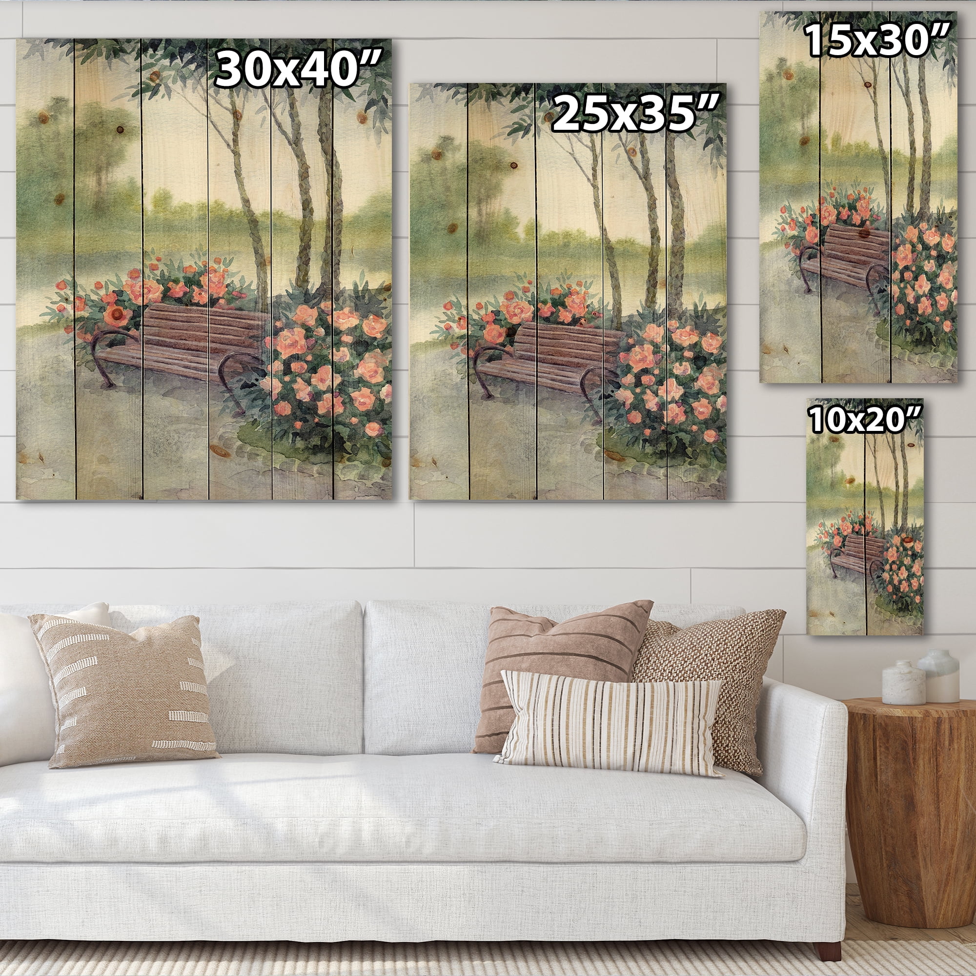 Designart 'Bench In Park By The Pions Flowers Bushes' Traditional Print on Natural Pine Wood