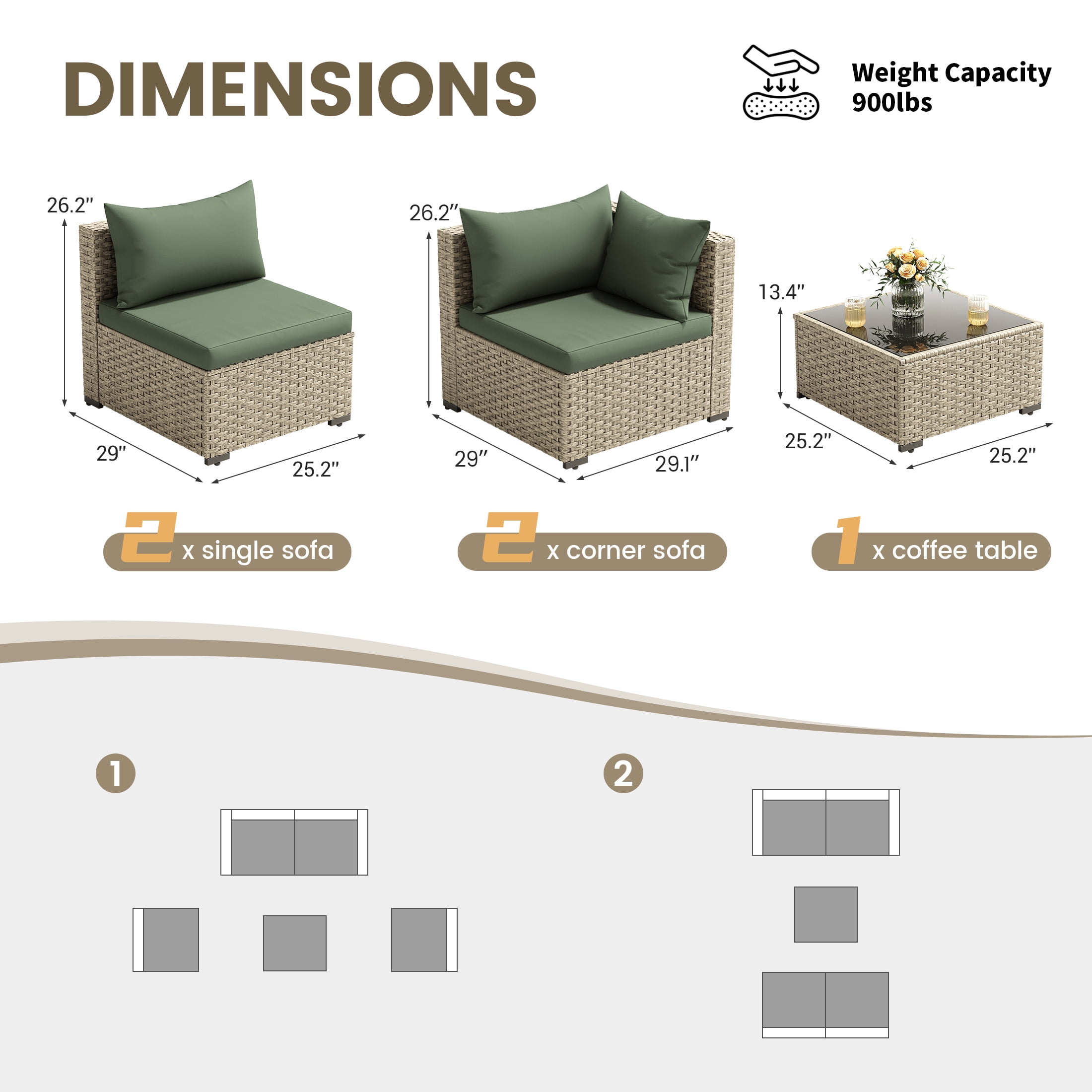 POTEBAN 5 Pieces Outdoor Sectional Conversation Sets with Sofa and Table, Grey Rattan Wicker Sofa Set with Cushions for Backyard, Green