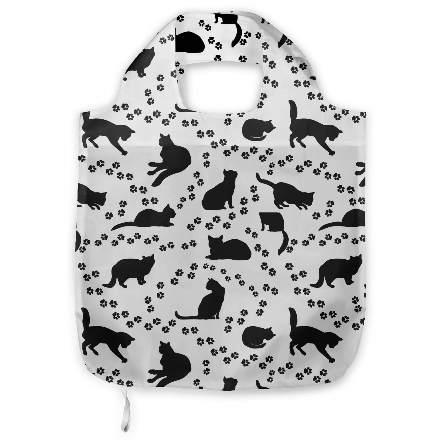 Cat Shopping Tote Bag, Cat Silhouette and Animal Tracks Pattern Paws