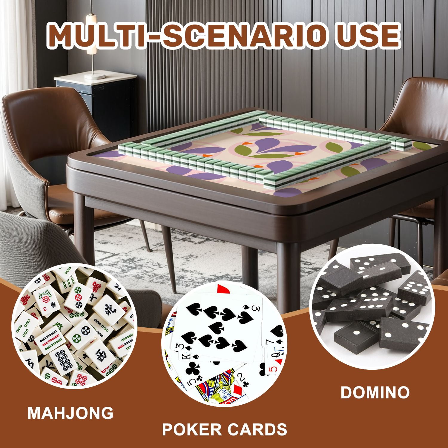 Mahjong Mat 31.5" x 31.5" Retro Floral Purple Petals Green Leaves Orange Accents Light Non-Slip Noise Reduction American Mahjong Tiles Table Cover for Dominoes Poker Card Board Games Gift