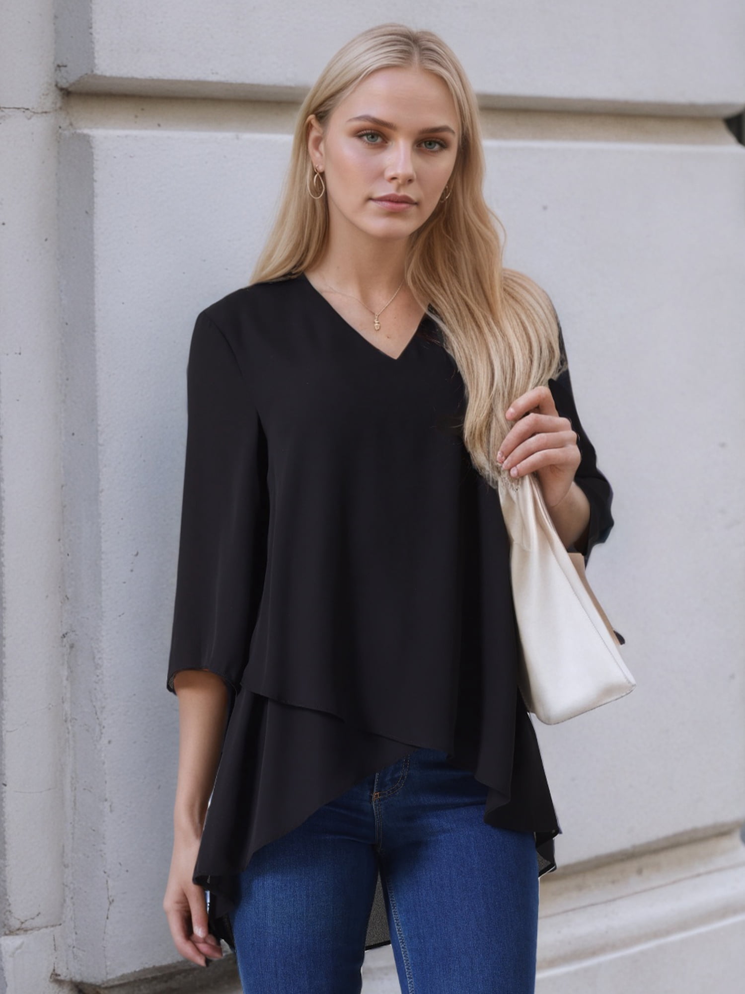 DARING DIVA Women's High Low Tops 3/4 Bell Sleeve V Neck Chiffon Blouse XL Black